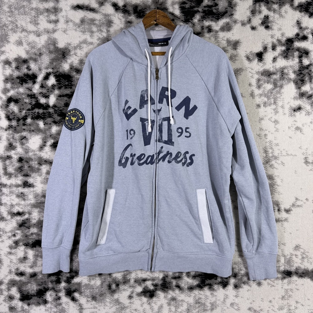 Under Armour Project Rock Hoodie Mens‎ Medium Gray Full Zip Drawstring Gym Train